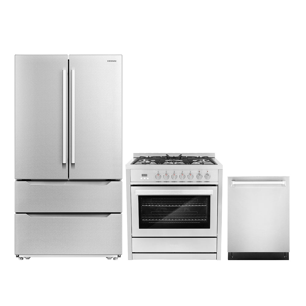 Stainless 3-piece appliance set: dual fuel range, French door refrigerator, and open dishwasher