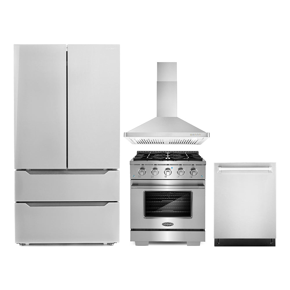 Stainless steel refrigerator and gas range with range hood, side-by-side