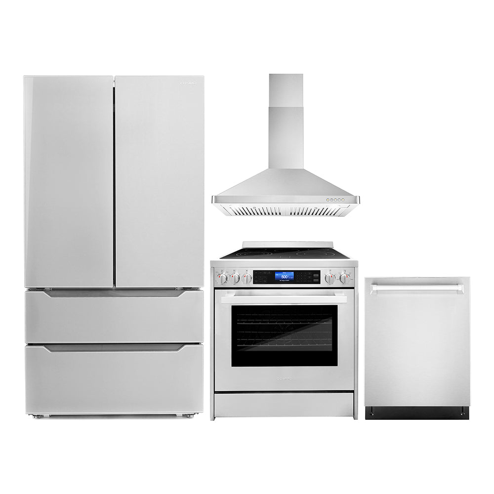 Stainless steel appliance package with electric range, hood, dishwasher, and refrigerator