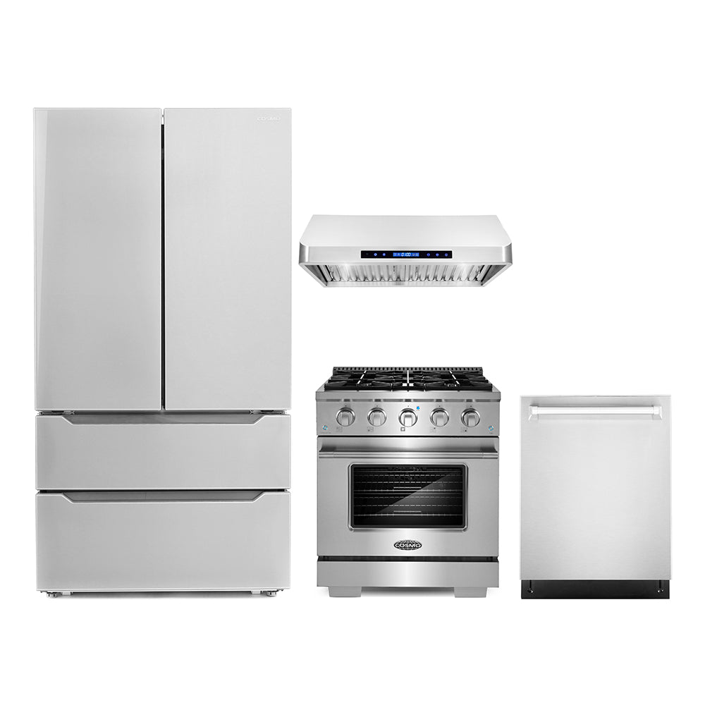 Stainless steel appliance package with gas range, range hood, dishwasher, and refrigerator