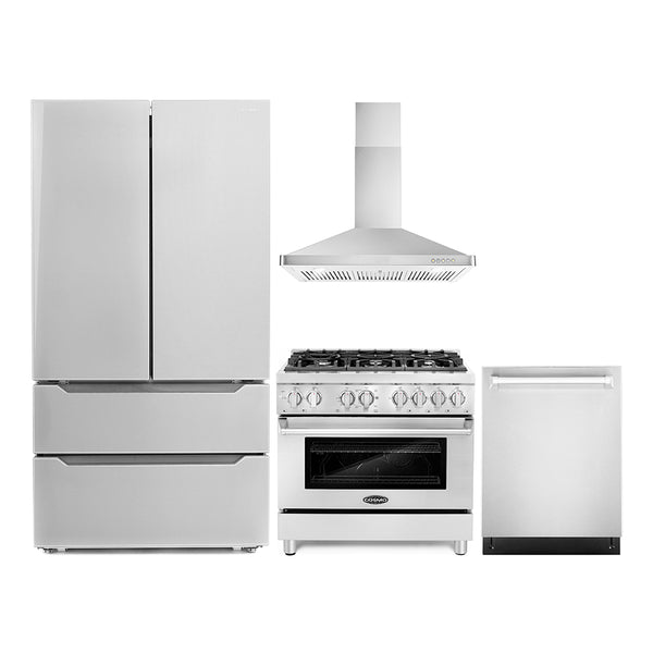Cosmo 4-Piece Appliance Package - 36-Inch Dual Fuel Range, Wall Mount Range Hood, Dishwasher and Refrigerator in Stainless Steel (COS-4PKG-022)