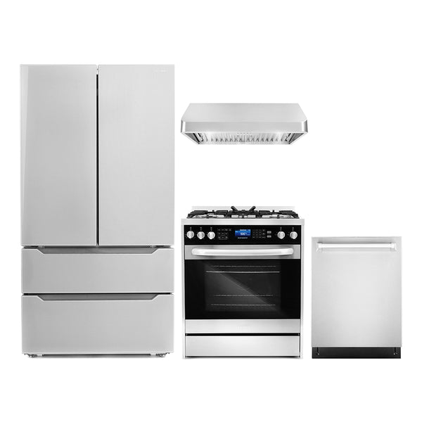 Cosmo 4-Piece Appliance Package - 30-Inch Dual Fuel Range, Under Cabinet Range Hood, Dishwasher and Refrigerator in Stainless Steel (COS-4PKG-035)