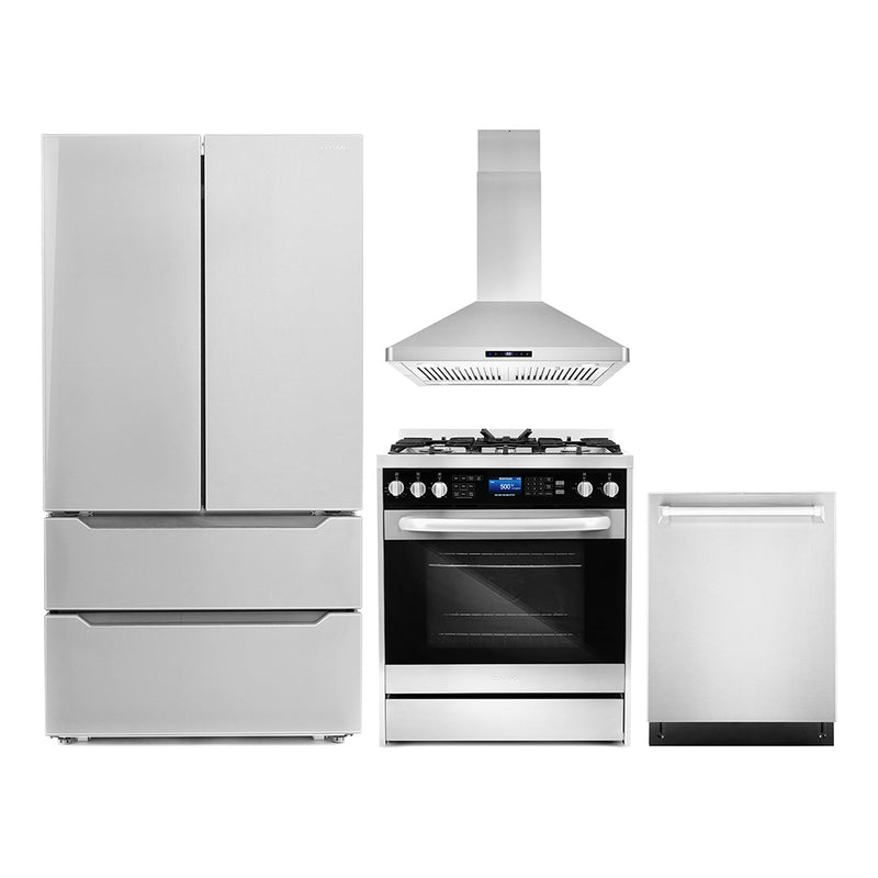 Cosmo 4-Piece Appliance Package - 30-Inch Dual Fuel Range, Island Range Hood, Dishwasher and Refrigerator in Stainless Steel (COS-4PKG-040)
