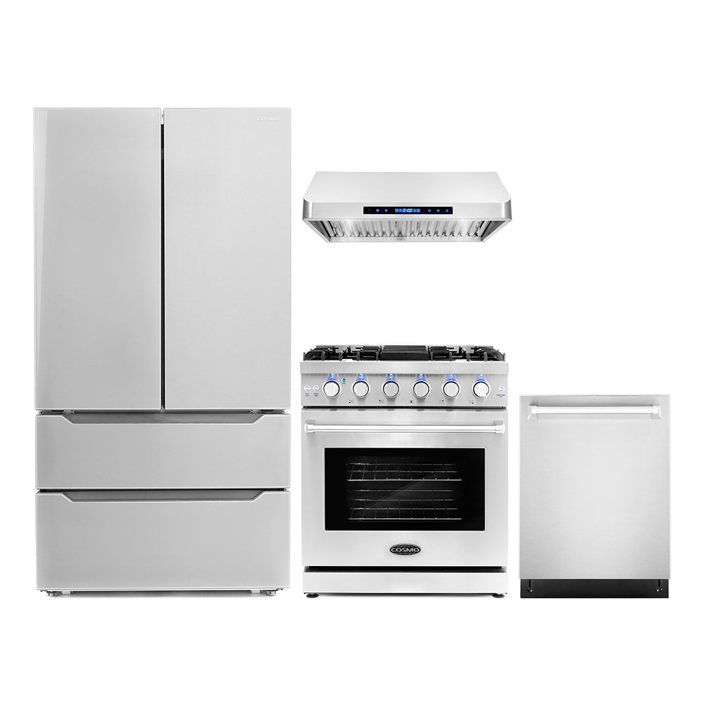 Stainless steel 4-piece kitchen appliance package with range, hood, dishwasher and refrigerator