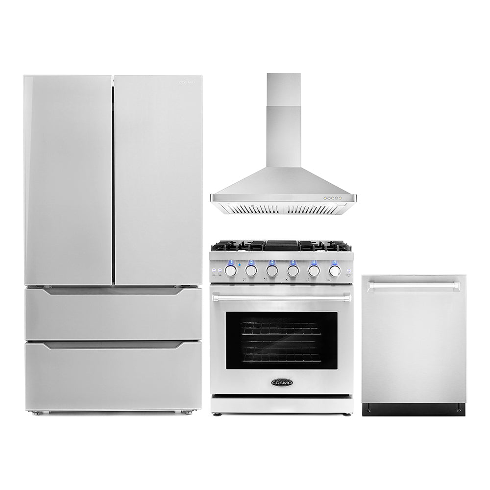 Cosmo 4-piece appliance set in stainless steel: refrigerator, dishwasher, range and hood