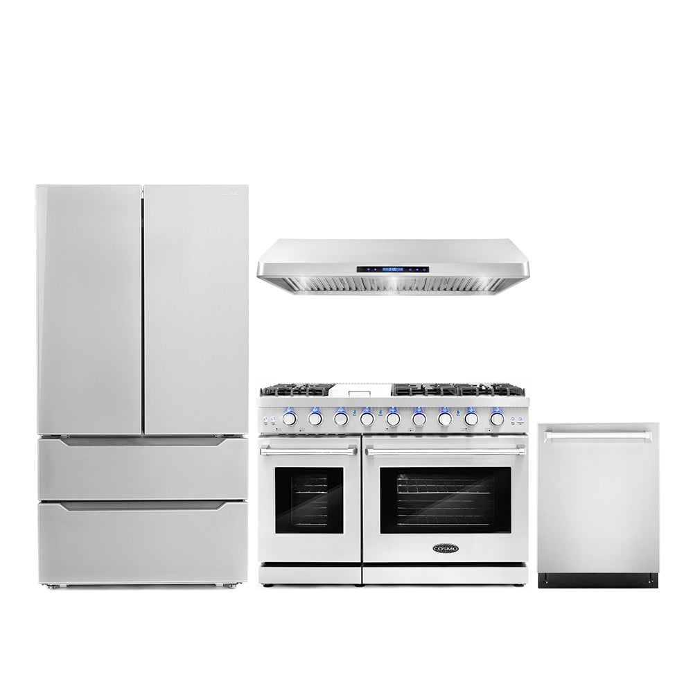 Stainless steel 4-piece appliance package: double oven gas range, range hood, fridge, dishwasher