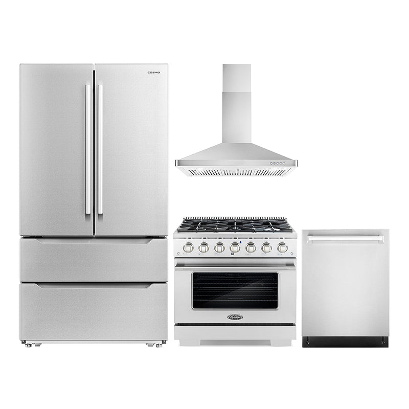 Cosmo 4-Piece Appliance Package - 36-Inch Gas Range, Wall Mount Range Hood, Dishwasher and Refrigerator in Stainless Steel (COS-4PKG-148)