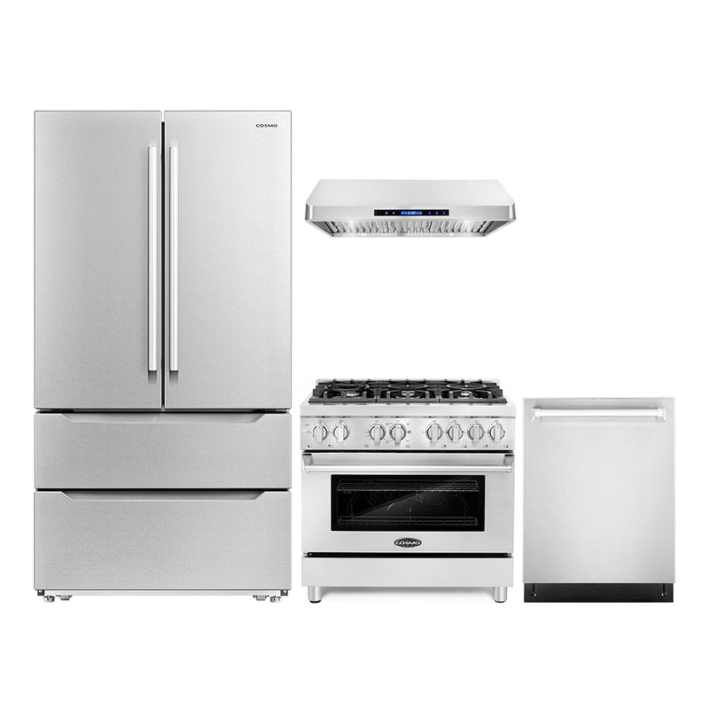 Cosmo 4-Piece Appliance Package - 36-Inch Dual Fuel Range, Under Cabinet Range Hood, Dishwasher and Refrigerator (COS-4PKG-149)