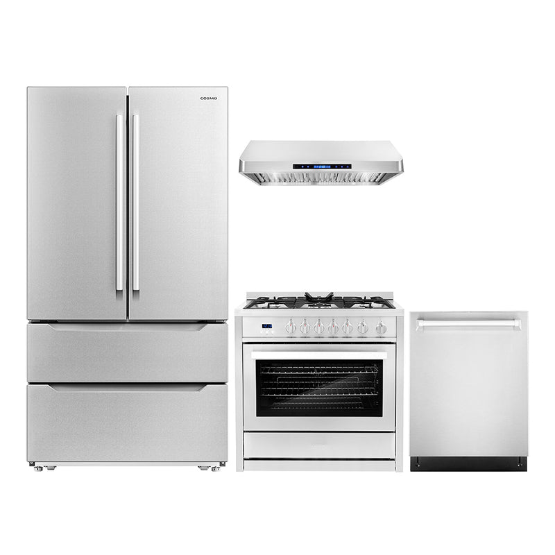 Cosmo 4-Piece Appliance Package - 36-Inch Single Oven Gas Range, Under Cabinet Range Hood, Dishwasher and Refrigerator in Stainless Steel (COS-4PKG-150)