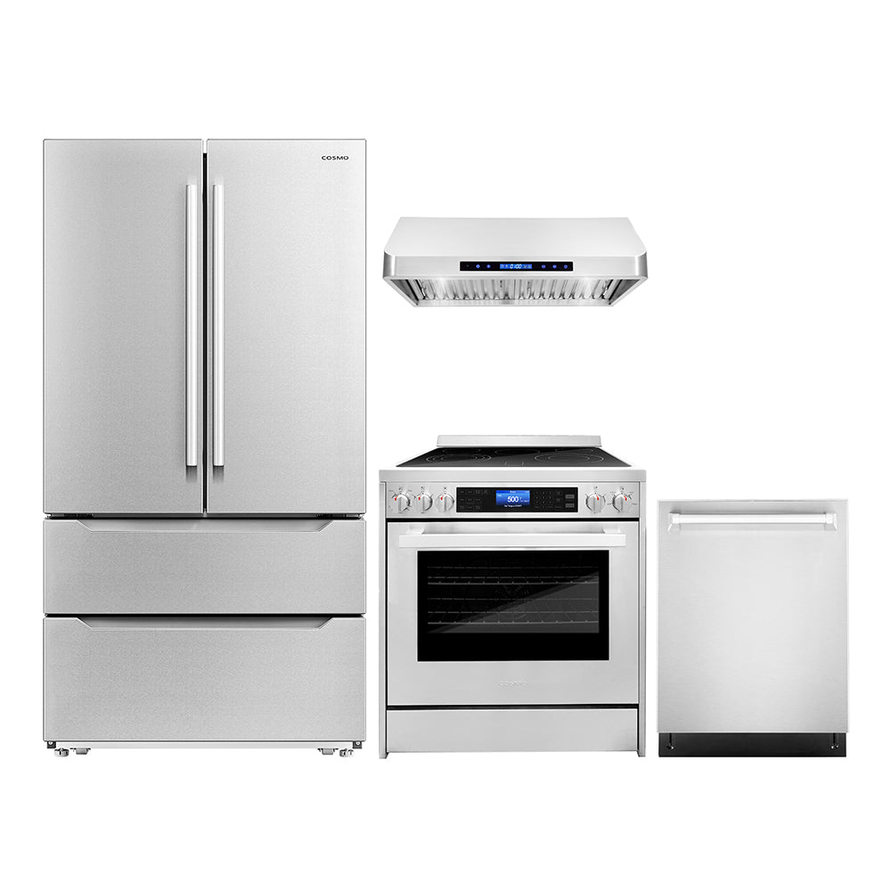 Stainless steel kitchen appliance package: refrigerator, range with hood, and dishwasher