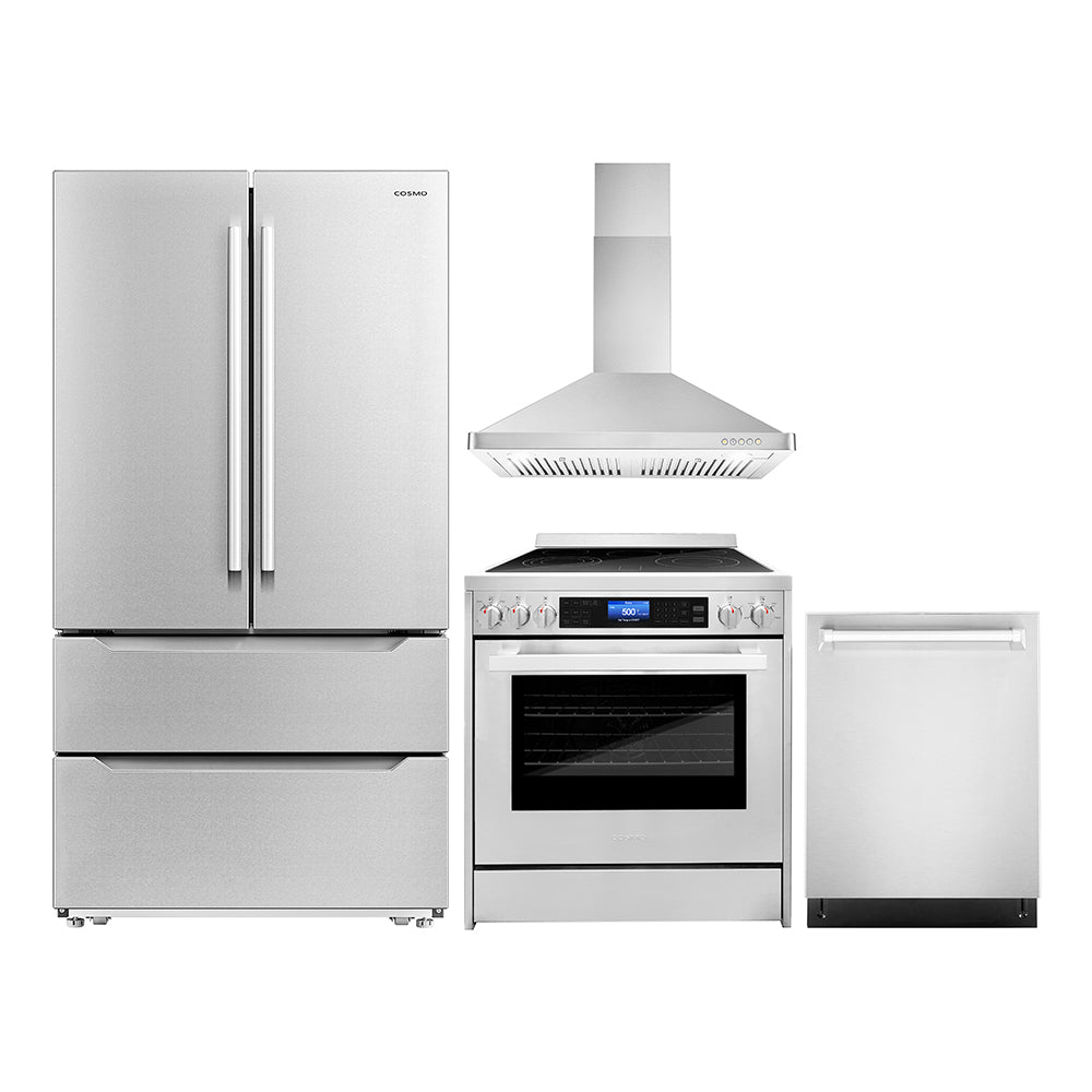 Stainless steel kitchen appliance bundle with refrigerator, dishwasher, electric range, and hood