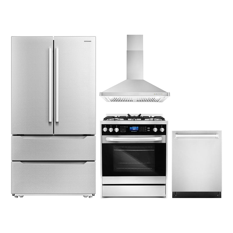 Cosmo 4-Piece Appliance Package - 30-Inch Dual Fuel Range, Wall Mount Range Hood, Dishwasher and Refrigerator in Stainless Steel (COS-4PKG-160)