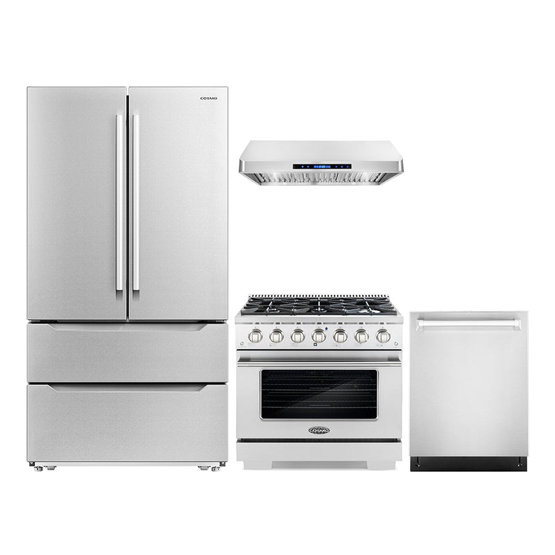 Cosmo 4-Piece Appliance Package - 36-Inch Gas Range, Under Cabinet Range Hood, Dishwasher and Refrigerator in Stainless Steel (COS-4PKG-165)