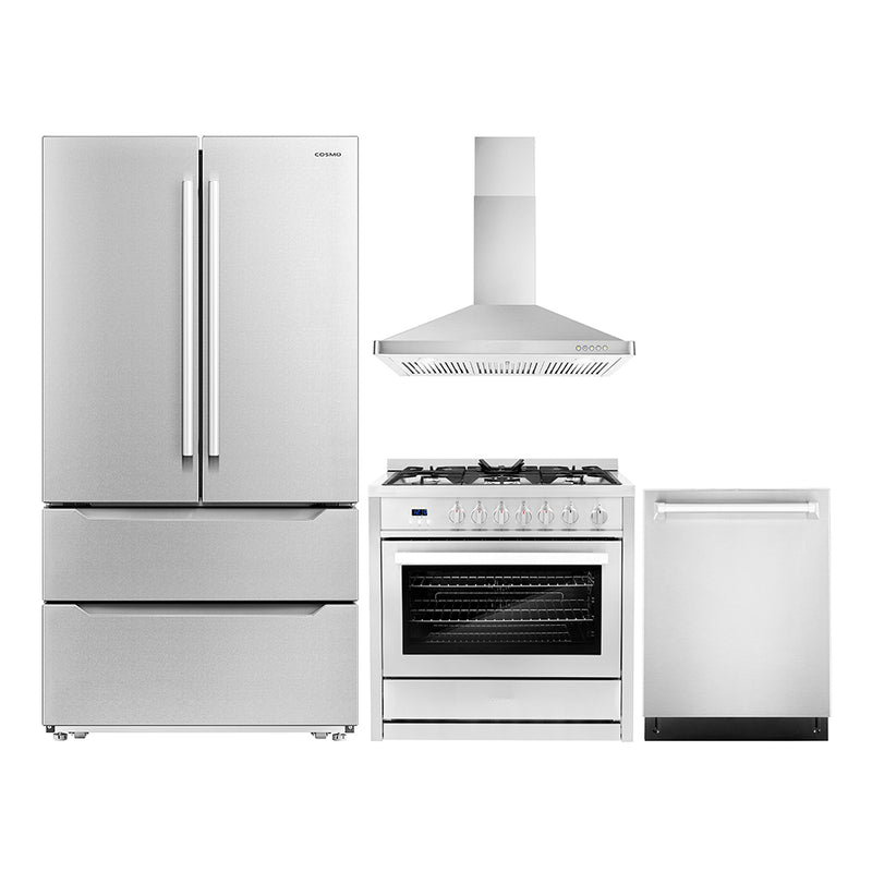 Cosmo 4-Piece Appliance Package - 36-Inch Single Oven Gas Range, Wall Mount Range Hood, Dishwasher and Refrigerator in Stainless Steel (COS-4PKG-169)