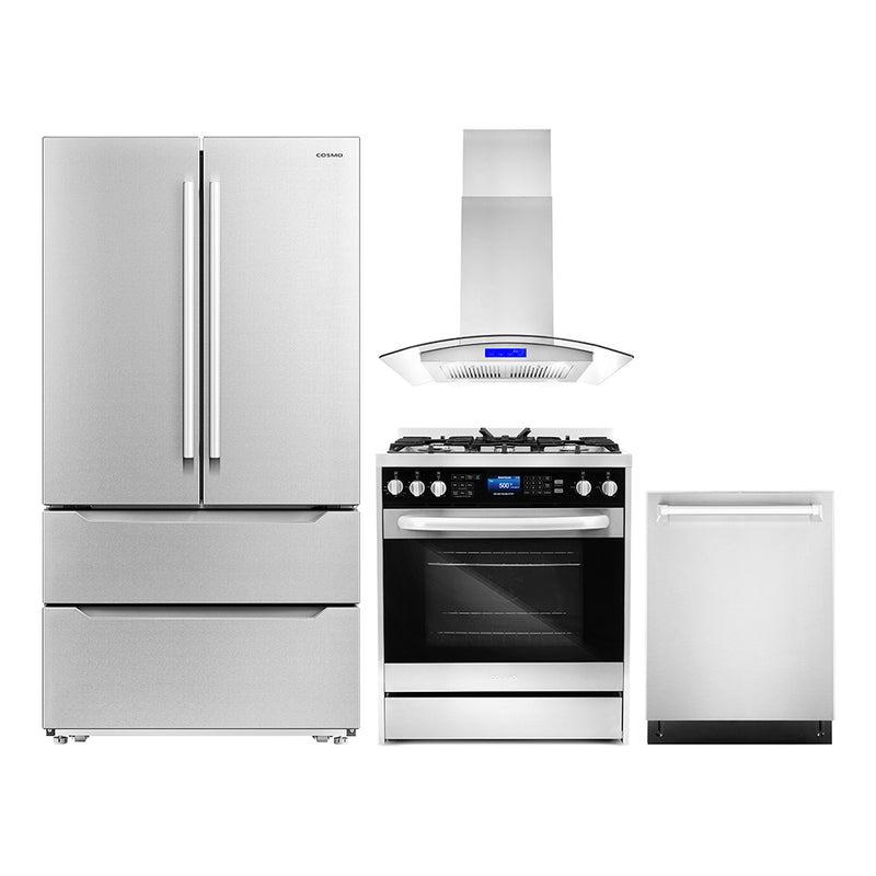 Cosmo 4-Piece Appliance Package - 30-Inch Dual Fuel Range, Island Range Hood, Dishwasher and Refrigerator in Stainless Steel (COS-4PKG-183)