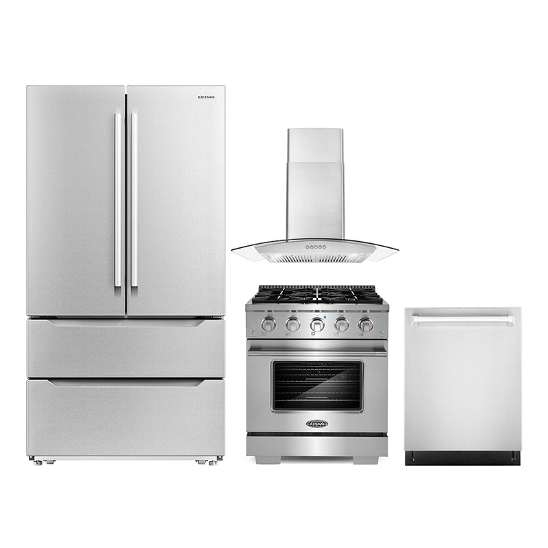 Cosmo 4-Piece Appliance Package - 30-Inch Dual Fuel Range, Wall Mount Range Hood, Dishwasher and Refrigerator in Stainless Steel (COS-4PKG-192)