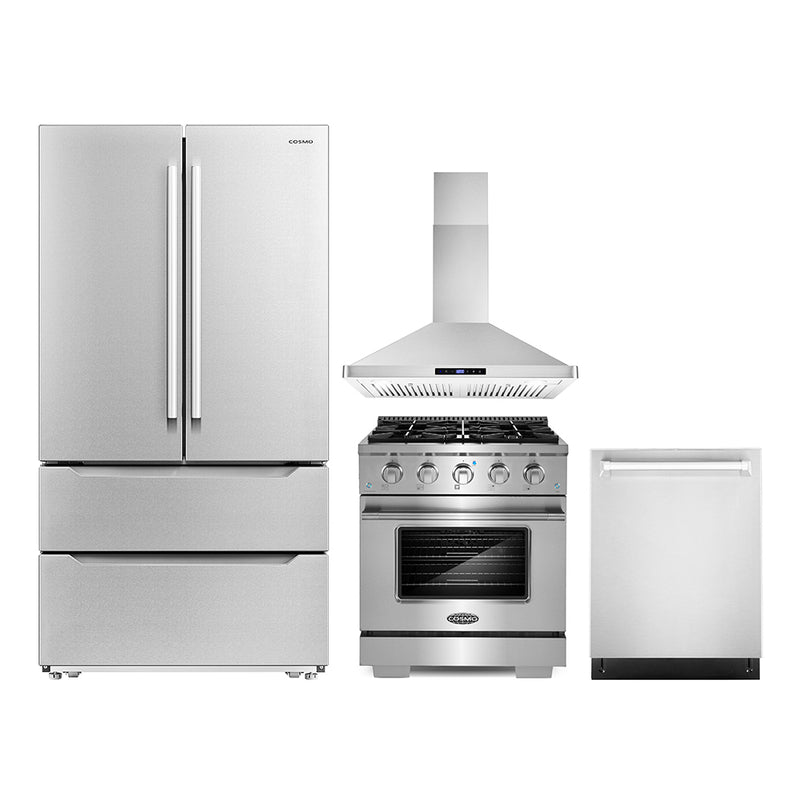 Cosmo 4-Piece Appliance Package - 30-Inch Gas Range, Wall Mount Range Hood, Dishwasher and Refrigerator in Stainless Steel (COS-4PKG-193)