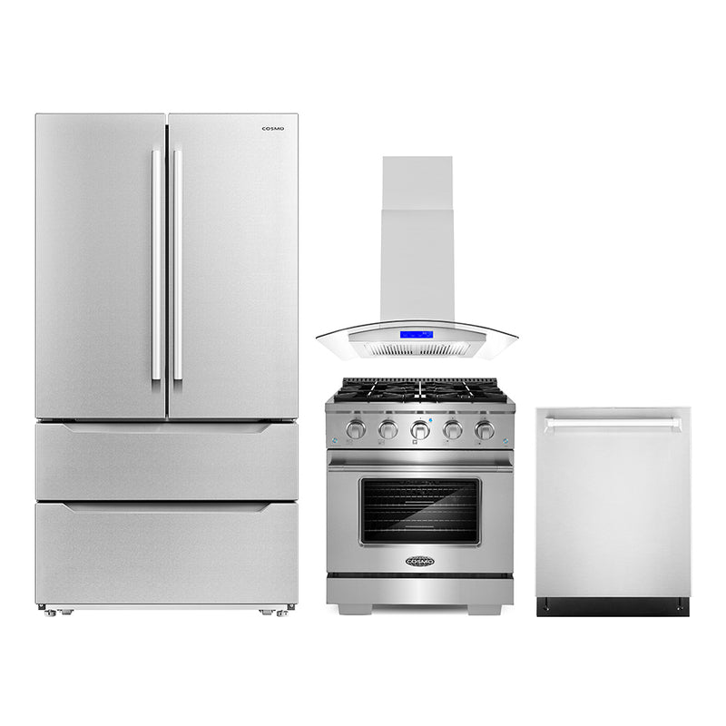 Cosmo 4-Piece Appliance Package - 30-Inch Gas Range, Wall Mount Range Hood, Dishwasher and Refrigerator in Stainless Steel (COS-4PKG-195)