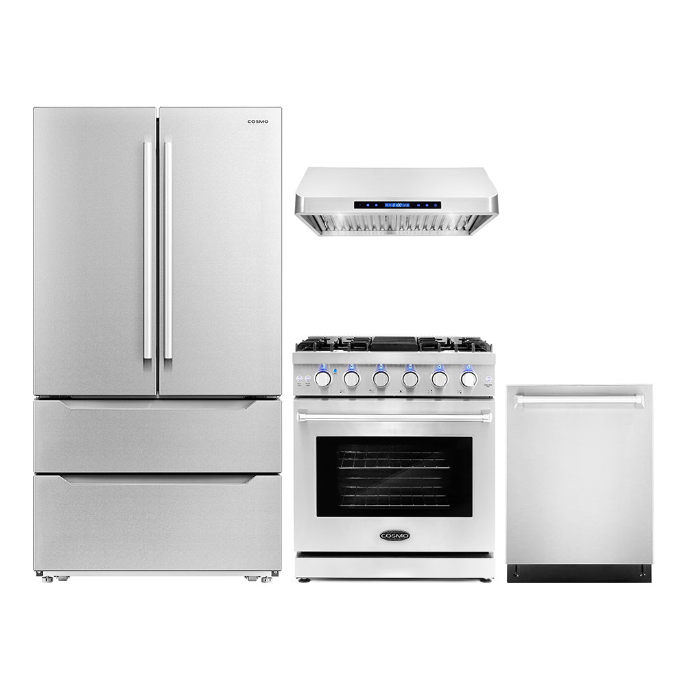 Stainless steel appliance set: refrigerator, gas range with oven, and range hood.