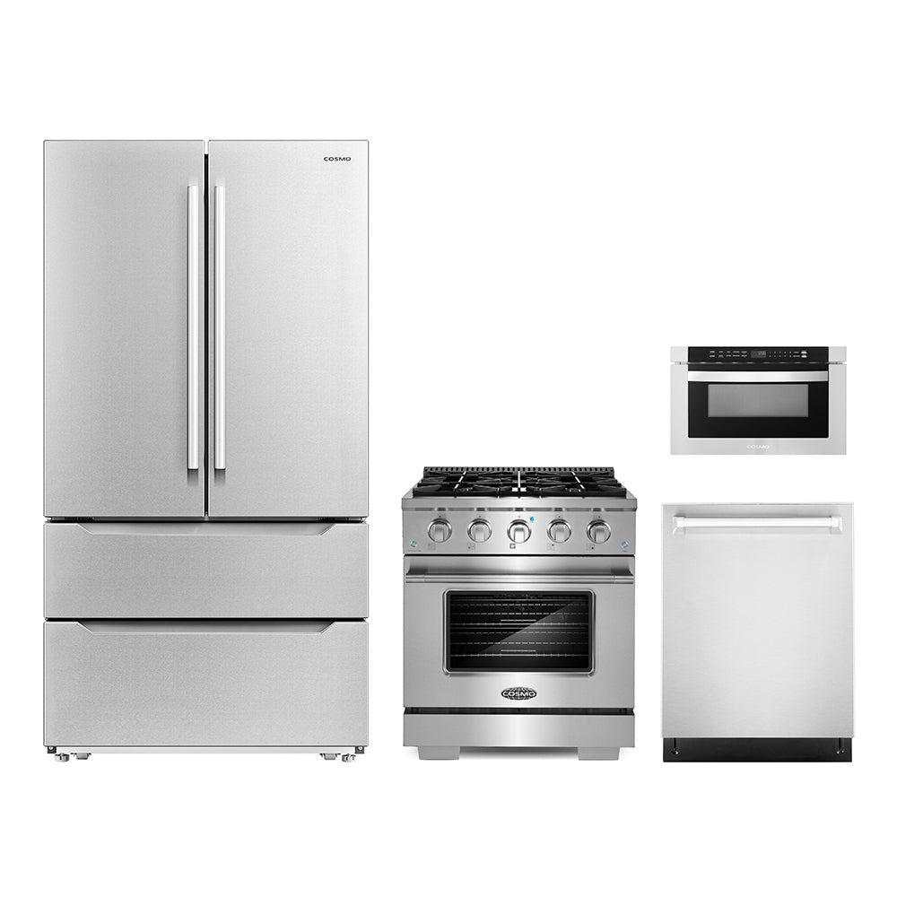 Stainless steel 4-piece appliance package with gas range, microwave drawer, dishwasher, refrigerator