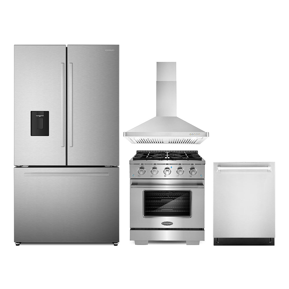 Stainless steel appliance set featuring refrigerator, gas range, hood, and dishwasher