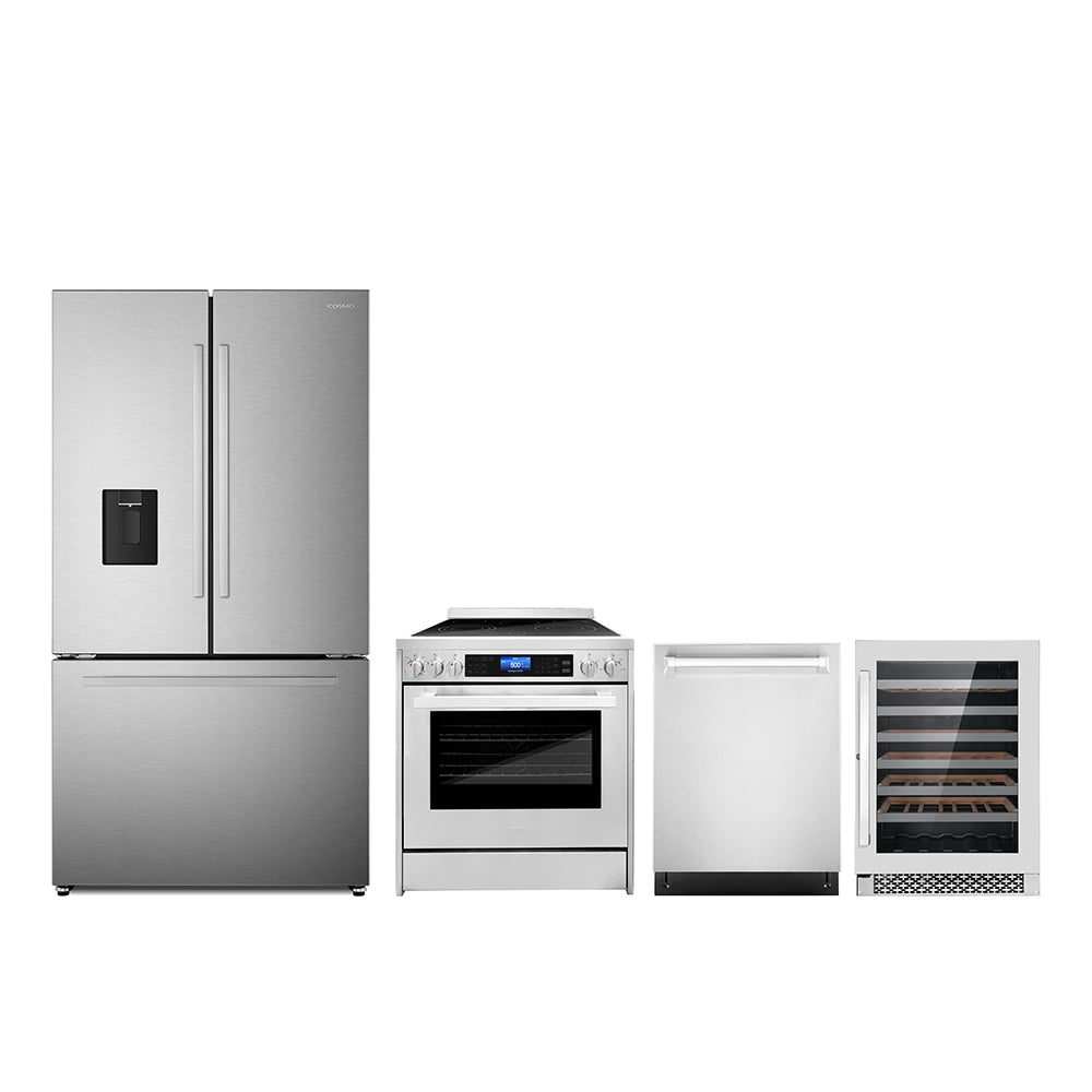 4-piece stainless appliance package with refrigerator, range, dishwasher, and wine cooler