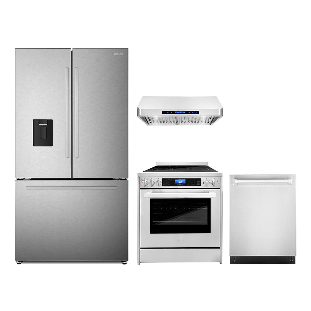 Stainless steel appliance package: side-by-side refrigerator, electric range, dishwasher and range hood.
