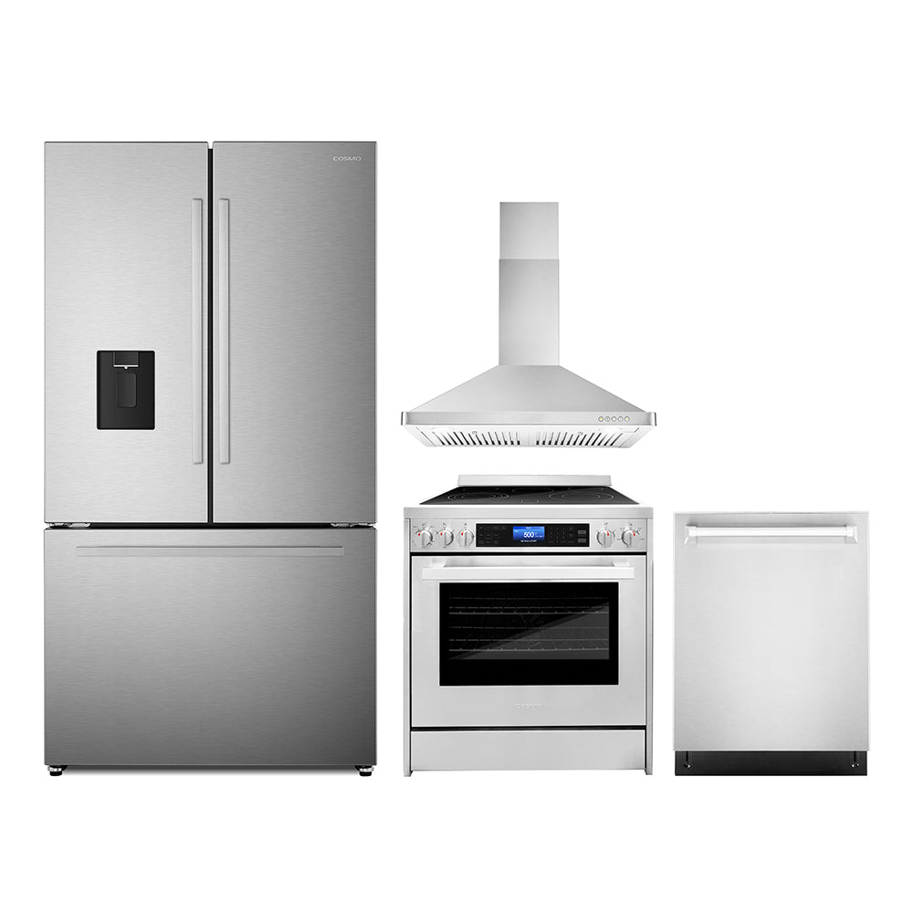 Stainless steel 4-piece appliance package with refrigerator, electric range, range hood, and dishwasher