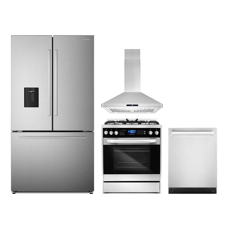 Cosmo 4-Piece Appliance Package - 30-Inch Dual Fuel Range, Island Range Hood, Dishwasher and Refrigerator with Water Dispenser in Stainless Steel (COS-4PKG-652)