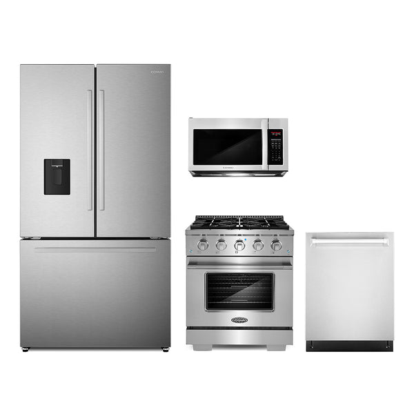 Cosmo 4-Piece Appliance Package - 30-Inch Gas Range, Dishwasher, Refrigerator with Water Dispenser and Over-the-Range Microwave in Stainless Steel (COS-4PKG-685)