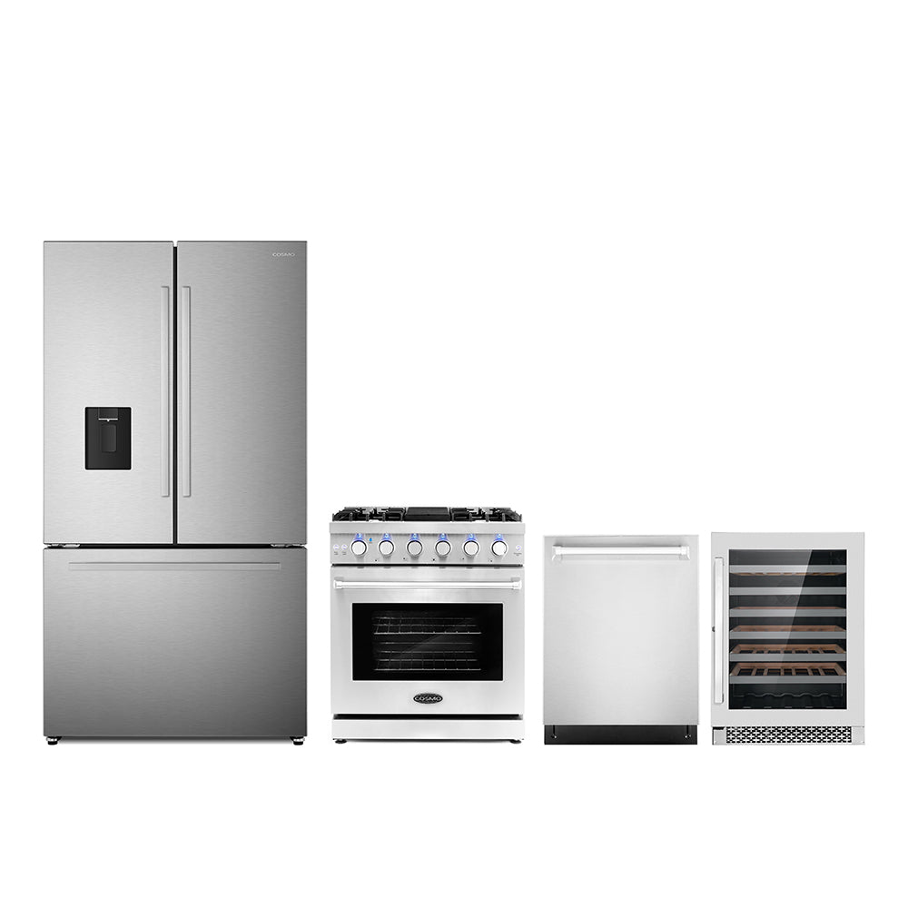Stainless steel 4-piece appliance package with refrigerator, gas range, dishwasher, and wine cooler