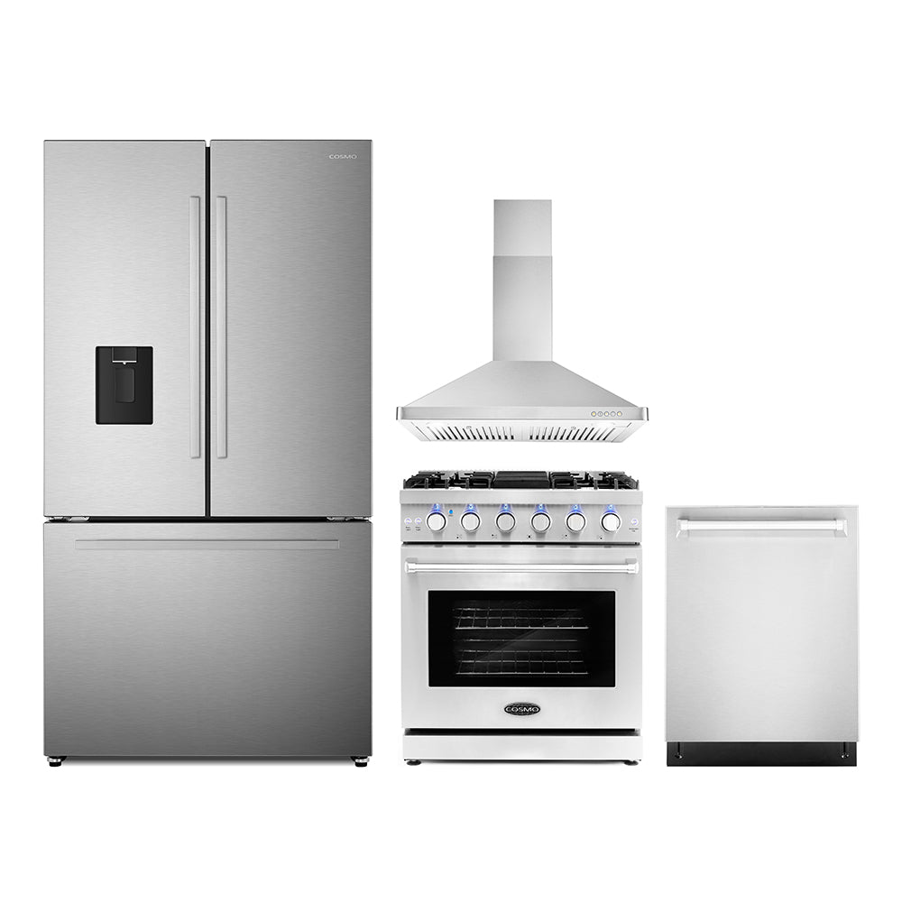 Stainless steel appliance package with refrigerator, gas range, and dishwasher