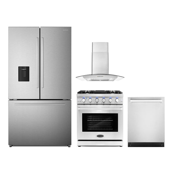 Cosmo 4-Piece Appliance Package - 30-Inch Gas Range, Wall Mount Range Hood, Dishwasher and Refrigerator with Water Dispenser in Stainless Steel (COS-4PKG-690)