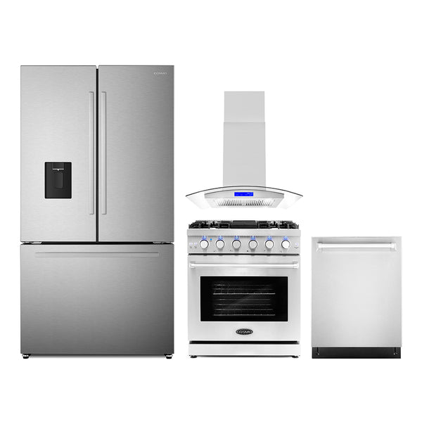 Cosmo 4-Piece Appliance Package - 30-Inch Gas Range, Island Mount Range Hood, Dishwasher and Refrigerator with Water Dispenser in Stainless Steel (COS-4PKG-693)