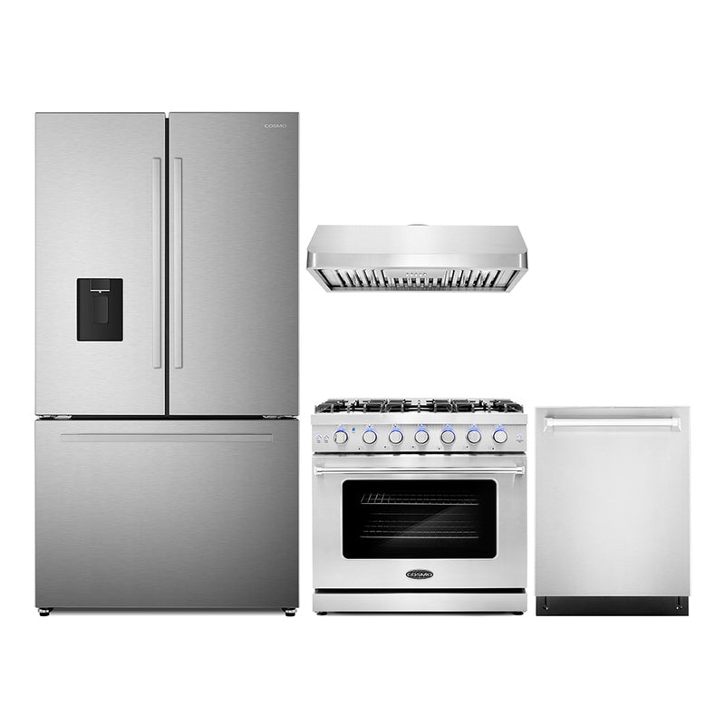 Cosmo 4-Piece Appliance Package - 36-Inch Gas Range, Under Cabinet Range Hood, Dishwasher and Refrigerator with Water Dispenser in Stainless Steel (COS-4PKG-698)