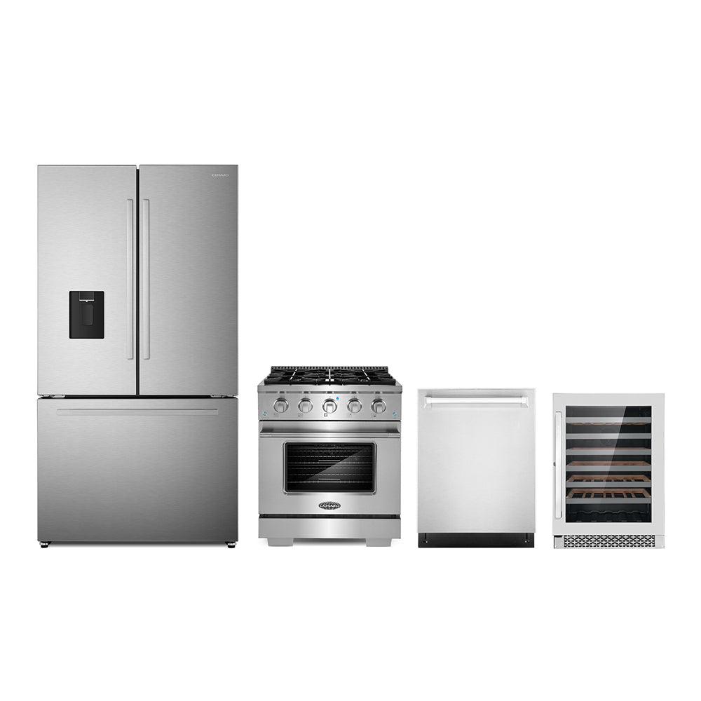 Stainless steel 4-piece appliance package with gas range, fridge, dishwasher, wine cooler