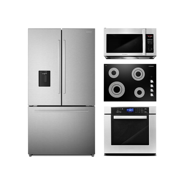 Cosmo 4-Piece Appliance Package - 30-Inch Electric Cooktop, Refrigerator with Water Dispenser, Single Electric Wall Oven and Over-the-Range Microwave in Stainless Steel (COS-4PKG-714)
