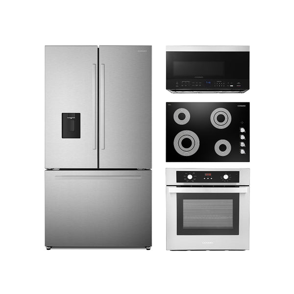 Cosmo 4-Piece Appliance Package - 30-Inch Electric Cooktop, Refrigerator with Water Dispenser, Electric Wall Oven and Over-the-Range Microwave in Stainless Steel (COS-4PKG-716)