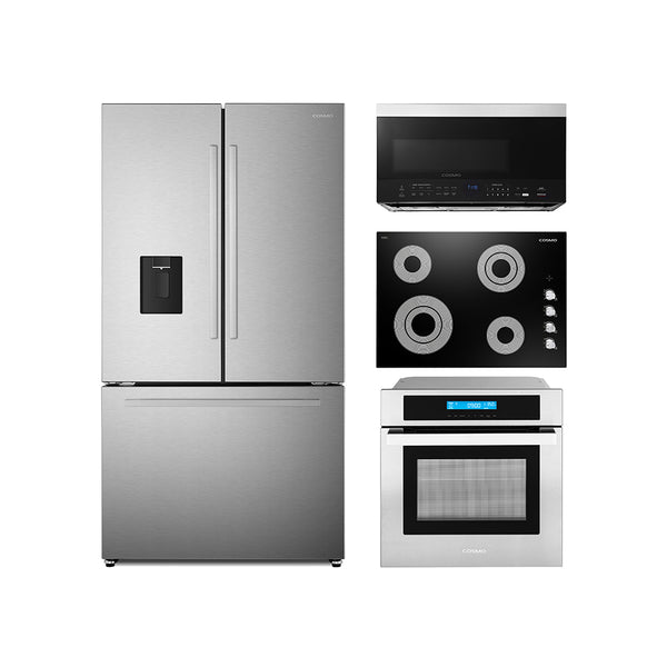 Cosmo 4-Piece Appliance Package - 30-Inch Electric Cooktop, Refrigerator with Water Dispenser, Electric Wall Oven and Over-the-Range Microwave in Stainless Steel (COS-4PKG-718)