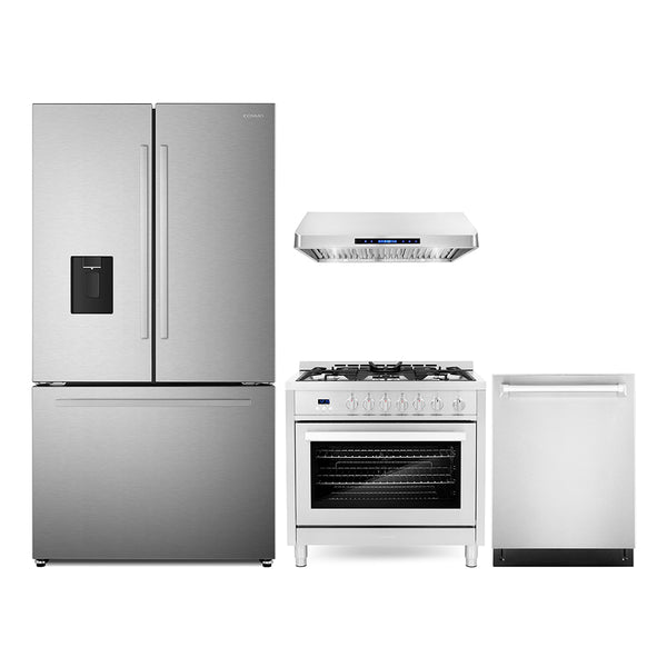 Cosmo 4-Piece Appliance Package - 36-Inch Gas Range, Under Cabinet Range Hood, Dishwasher and Refrigerator with Water Dispenser in Stainless Steel (COS-4PKG-720)