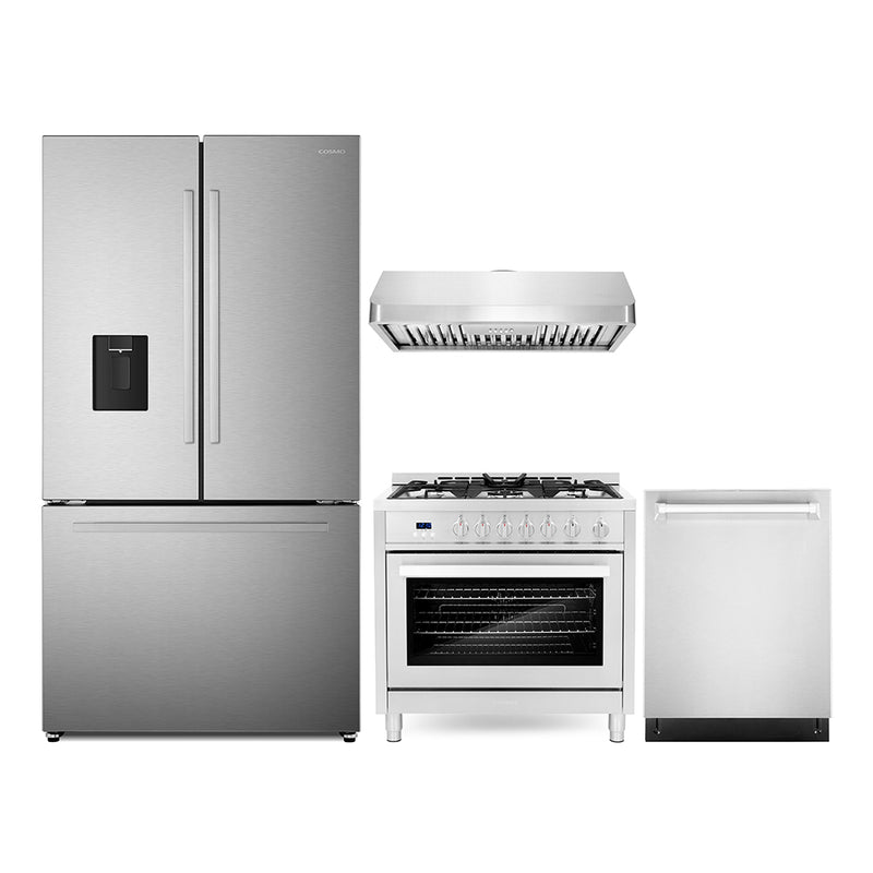 Cosmo 4-Piece Appliance Package - 36-Inch Gas Range, Under Cabinet Range Hood, Dishwasher and Refrigerator with Water Dispenser in Stainless Steel (COS-4PKG-723)