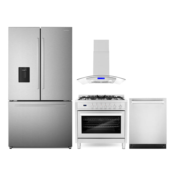 Cosmo 4-Piece Appliance Package - 36-Inch Gas Range, Island Mount Range Hood, Dishwasher and Refrigerator with Water Dispenser in Stainless Steel (COS-4PKG-727)