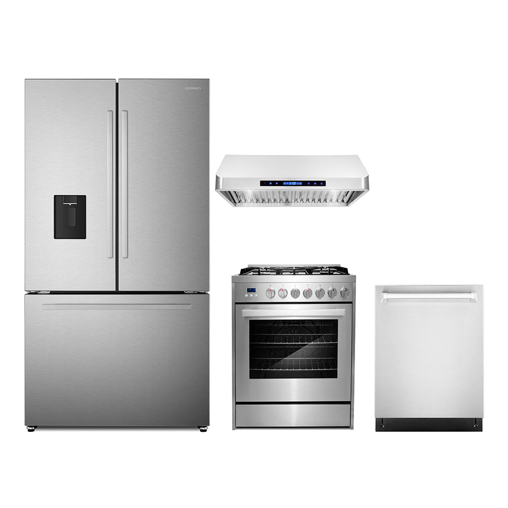 Stainless steel 4-piece appliance package: refrigerator, gas range, hood, dishwasher