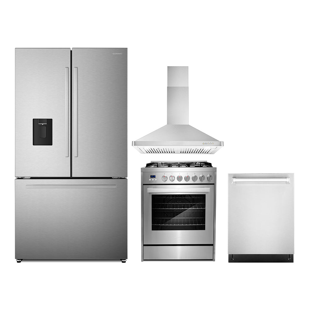 Stainless steel 4-piece kitchen appliance set: refrigerator, gas range, hood, dishwasher