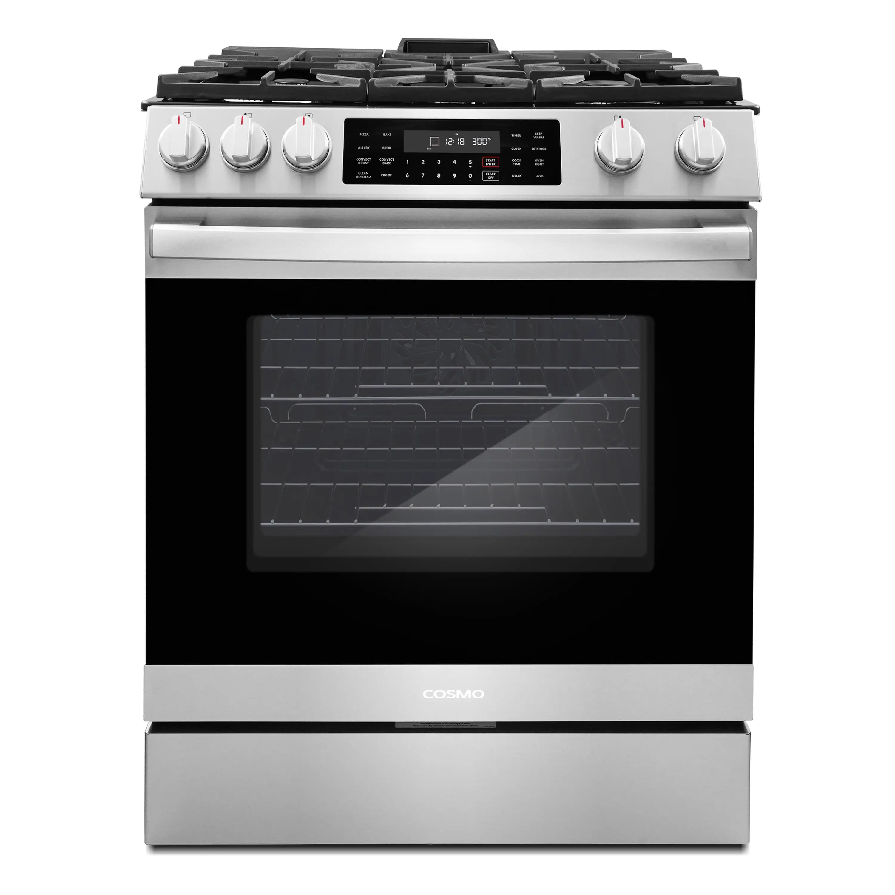 Stainless steel Cosmo gas range with five-burner cooktop and convection oven window