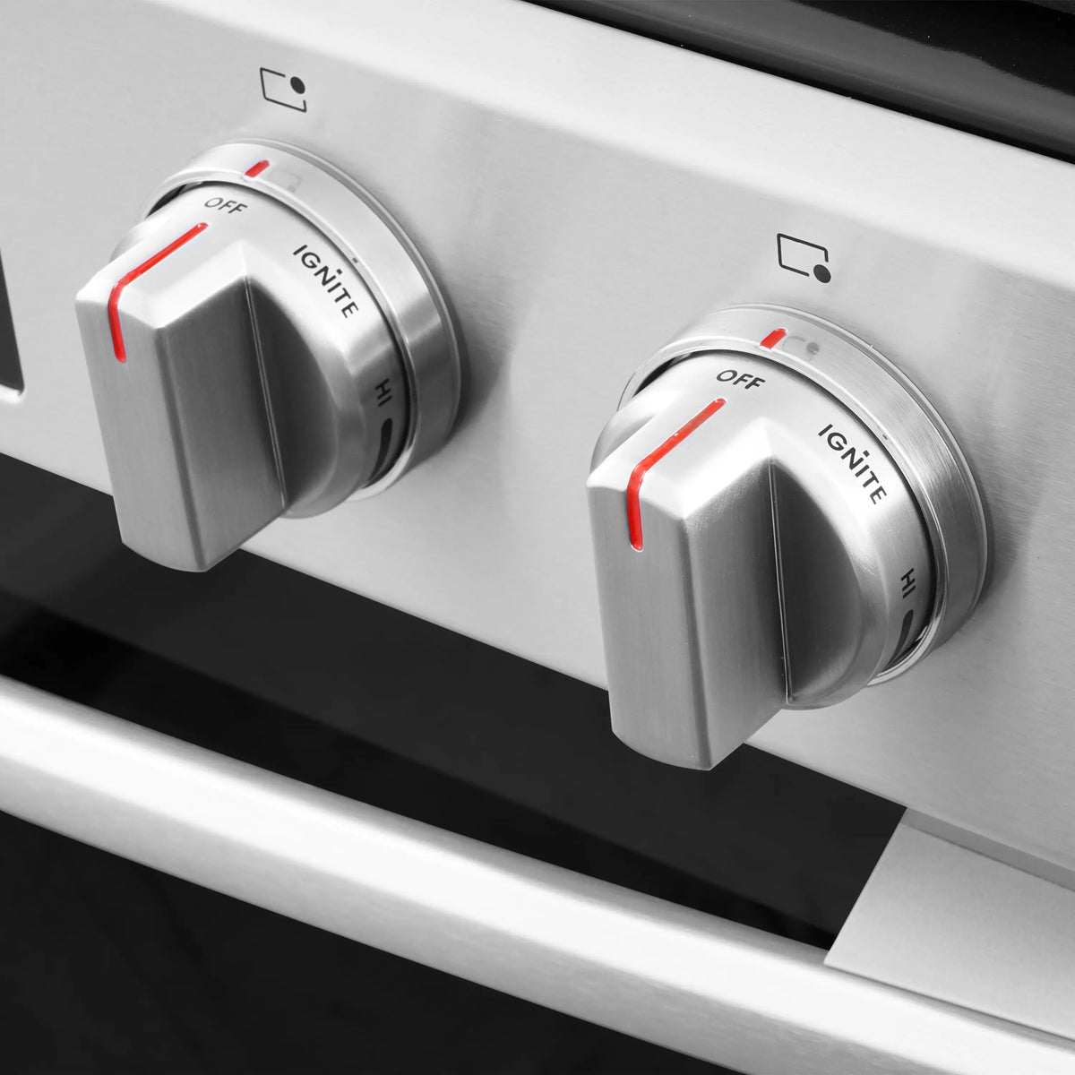 Stainless steel burner control knobs with IGNITE and OFF markings