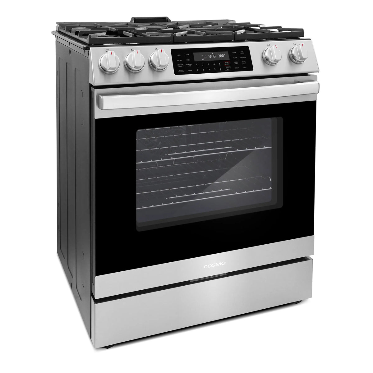 Stainless steel gas range with five burners, convection oven and control panel