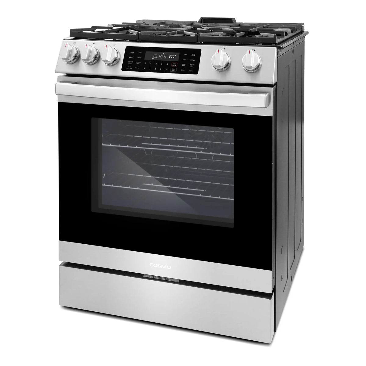 Stainless steel freestanding gas range with burners and black convection oven door