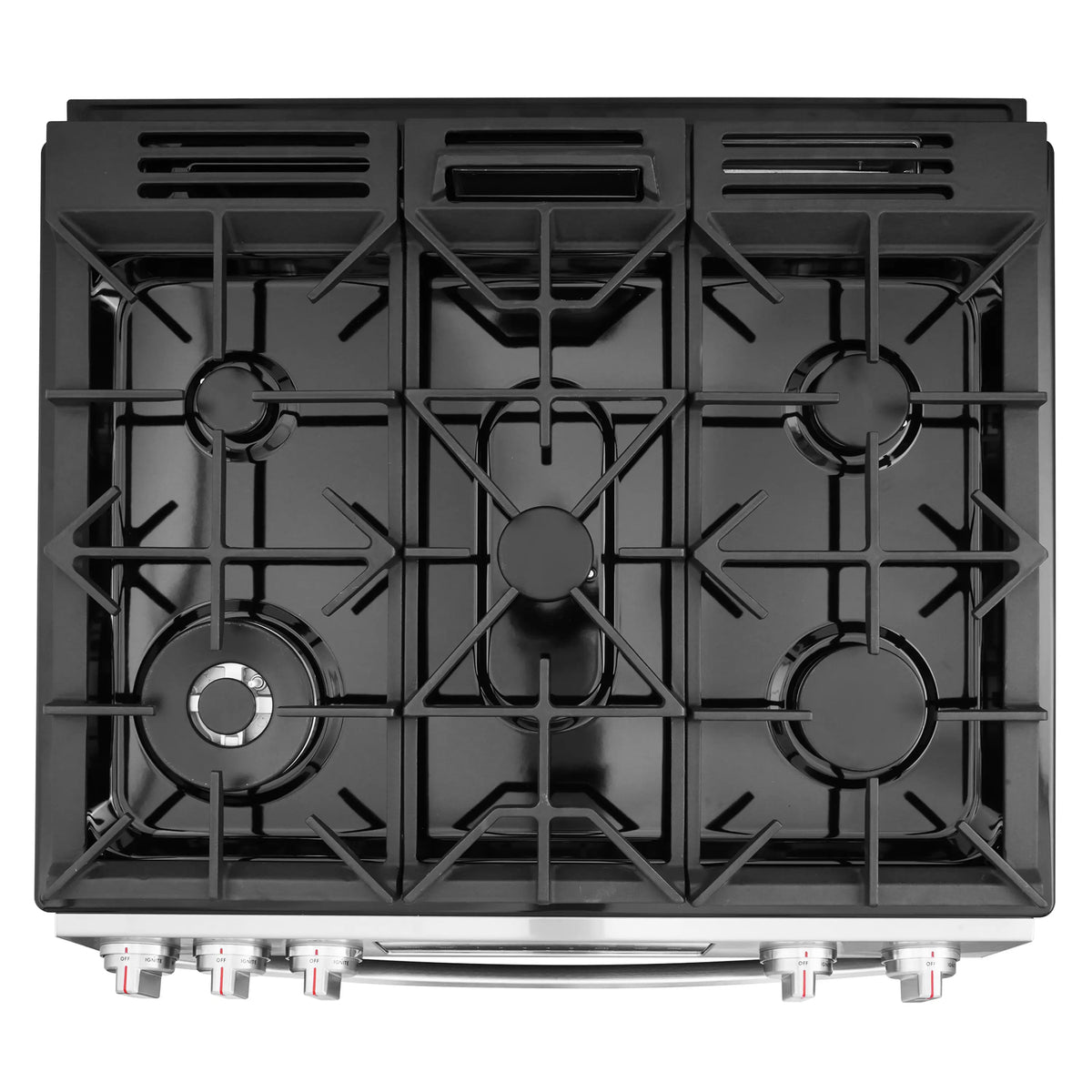 Black cast-iron burner grates and gas burners on stainless steel cooktop