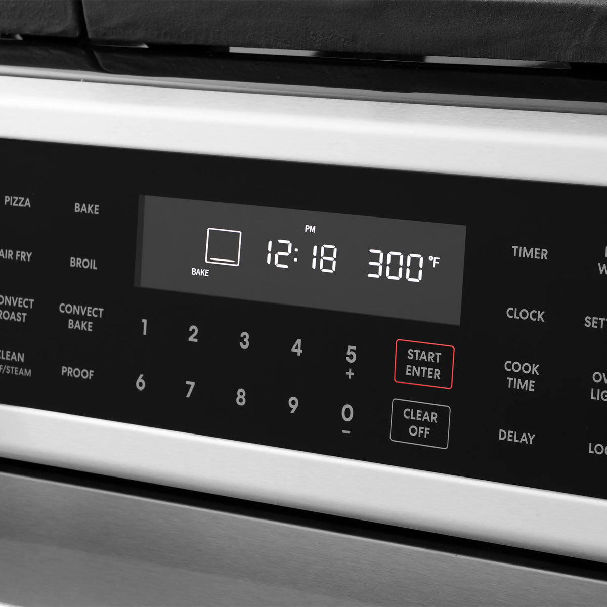 Gas range digital control panel with temperature display and start/clear buttons
